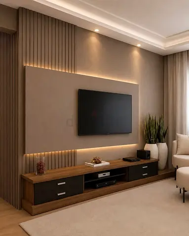 Modern low-profile wooden TV cabinet with matte black drawers