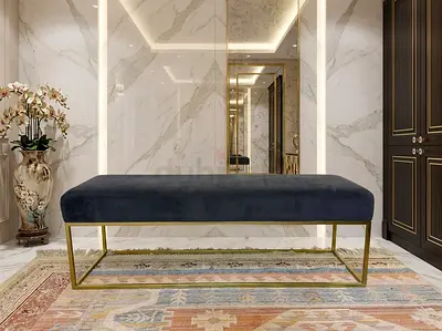 West Elm Velvet Bench Ottoman with Gold Metal Frame - Dark Blue