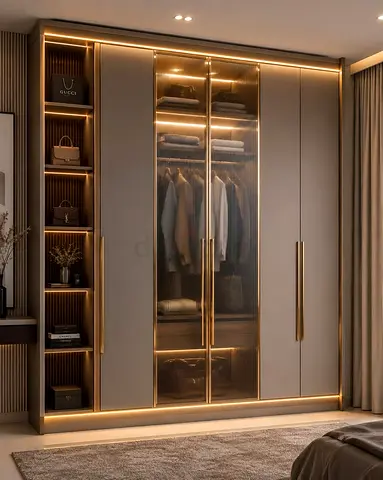 Modern built-in wardrobe with glass doors and LED lighting