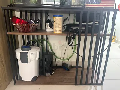 Compact rectangular study/computer table with metal frame and wooden shelves