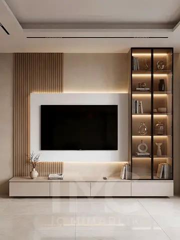 Modern built-in TV entertainment unit with glass display cabinet