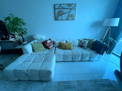 Comfy L-shaped White Fabric Sofa with Ottoman — Good Condition