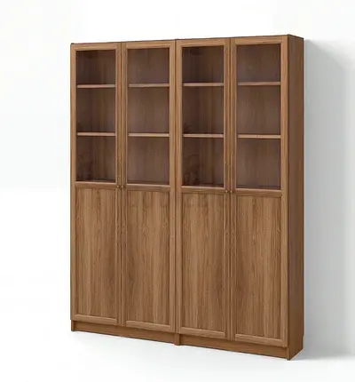 Large Wooden Bookcase Cabinet with Glass Doors - 4 Sections