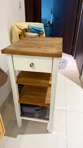 Small wooden kitchen island/cart with drawer and shelves
