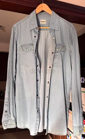 Light blue Jack and Jones denim long-sleeve shirt - casual button-up, size L