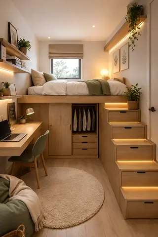 Raised platform bed with built-in storage and study desk (light wood)