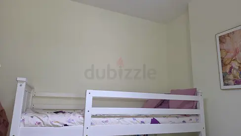 White Single Wooden Bed with Side Rail - bunk bed with storage facility, chair, ladderGood Condition