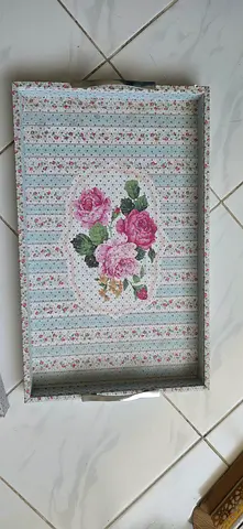 Wooden Decorative Serving Tray with Floral Decoupage