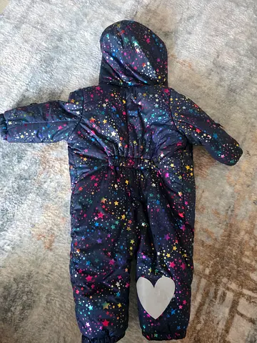 Baby snowsuit / winter bunting with hood - galaxy/star print, size 6-12 months (80 cm) - used once