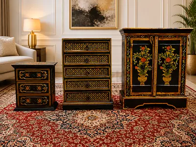 Vintage Handmade Woode Cabinet Adorned Intricate Hand-Painted Artwork