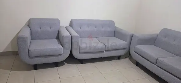 4-piece grey fabric sofa set — 2-seater +3-seater single chairs, good condition