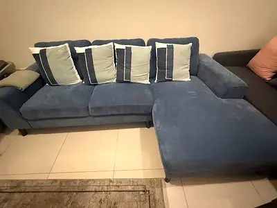 Blue L-shaped Corner Sofa with Cushions - excellent Condition