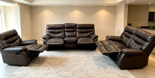 Dark brown leather reclining sofa set - 3-seater + 2 recliners, excellent condition