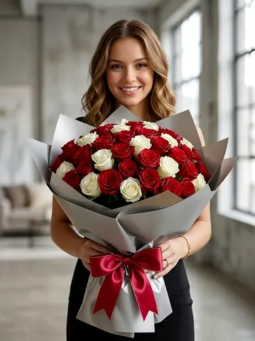 100 Fresh Red & White Roses Bouquet – Premium Gift Wrap + FREE Delivery