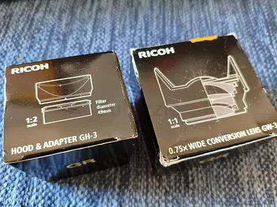 Ricoh GH-3 Hood & GW-3 0.75x Wide Conversion Lens (in original boxes) for GR and GRII Models
