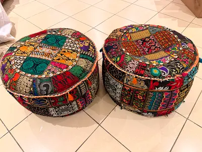 Pair of Colorful Patchwork Floor Poufs / Ottoman Cushions
