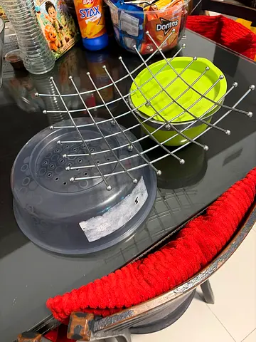 Food cover, metal frame for bowls, and green bowl with cover