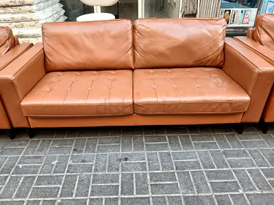 Genuine leather 3-seater sofa in tan - solid frame, good condition