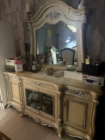 Ornate Cream Wooden Dresser with Large Mirror - Classic Design. Large dresser or buffet table