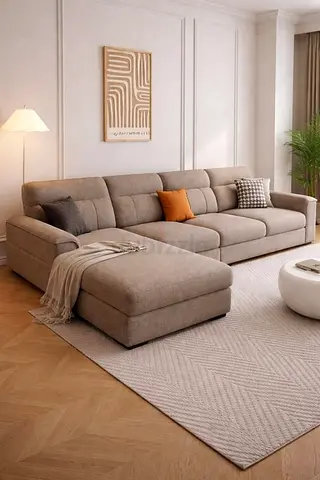 Large L-shaped Fabric Sofa with Chaise - Neutral Beige