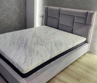 Queen grey upholstered bed frame (modern headboard)
