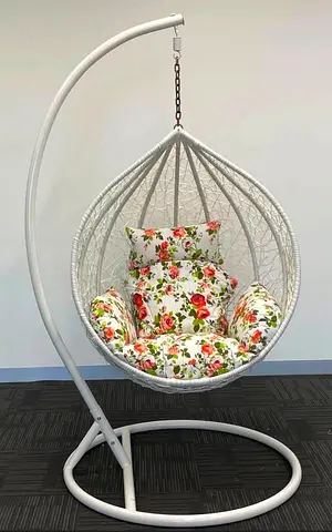 White Hanging Egg Chair with Floral Cushions and Stand