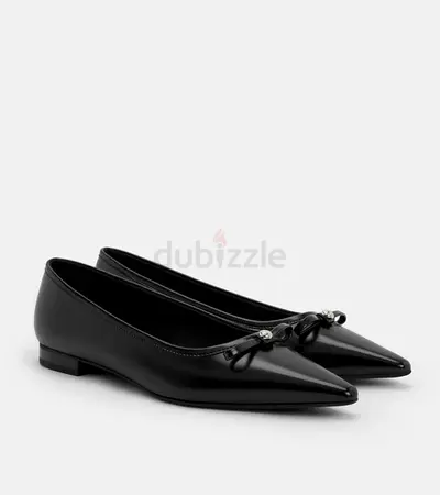 Black Pointed-Toe Leather Flats with Bow Detail - Size EU 38
