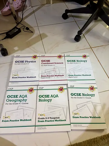 Set of GCSE Exam Practice Workbooks (Biology, Physics, Geography) - CGP