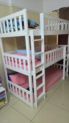 Solid white wooden triple bunk bed - sturdy family/kids sleeping solution