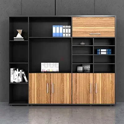 Large Modern Office Storage Cabinet with Wooden Doors and Open Shelves