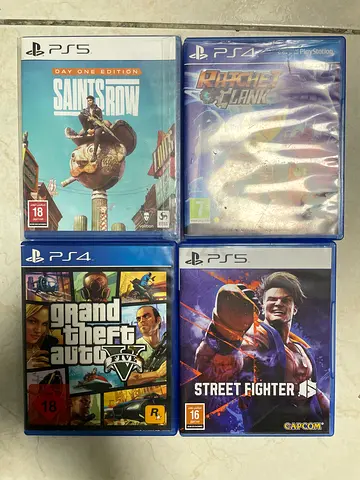 Collection of PS4 & PS5 games: GTA V, Street Fighter 6, Saints Row, Rachet clank