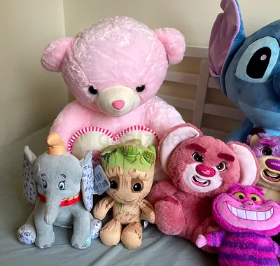 Bundle of assorted plush stuffed toys — teddy, Dumbo, Groot, Stitch & more