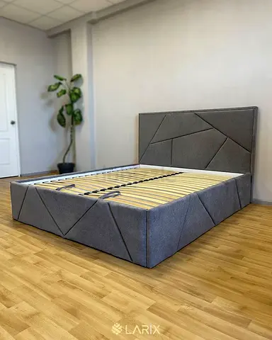 Double Grey Upholstered Bed Frame with Geometric Headboard