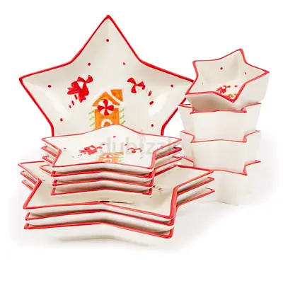 Christmas Dinnerware Set – 12-Piece Star-Shaped Ceramic Set for 4, Festive Red & White Plates