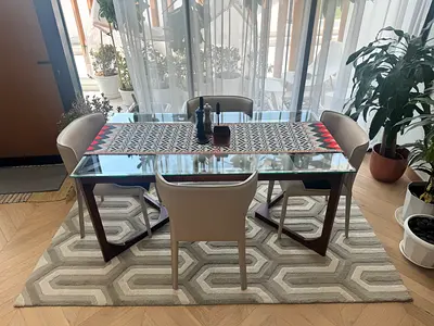 Rectangular teak glass-top dining table, very lightly used