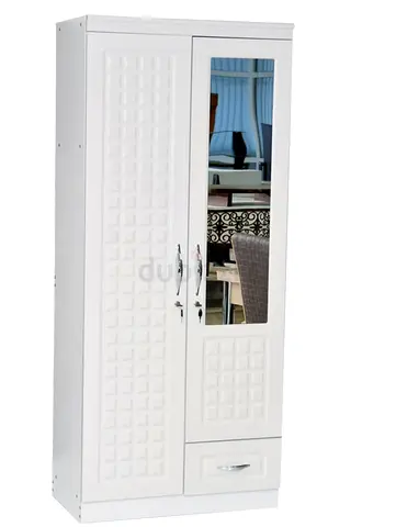 White 2-Door Wardrobe with Mirror and Drawer - Good Condition