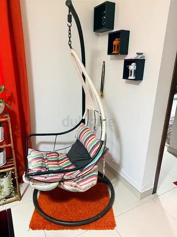 Hanging egg swing chair with stand and cushions