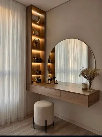 Wall-mounted floating vanity dressing table with round mirror and illuminated shelving