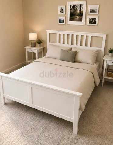 White Wooden Double Bed Frame with Slatted Headboard