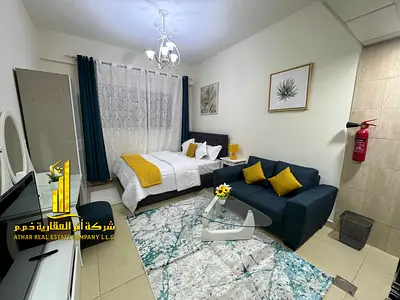 Luxury second occupied studio with open kitchen and open view, fully furnished ✨ Ajman, Jasmine Towers. For monthly rent. Rent includes
