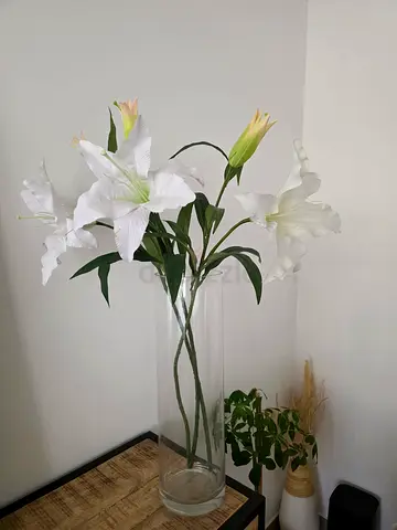 Tall Clear Glass Floor Vase with Elegant White Artificial Lilies