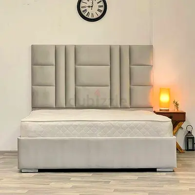 King size upholstered bed frame with tall padded headboard - light grey