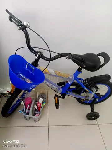 Kids blue 12-14 inch bicycle with training wheels and front basket