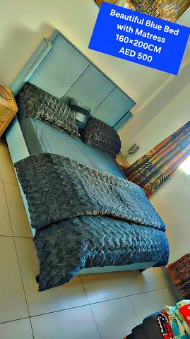 Blue Upholstered Bed with Mattress 160x200cm