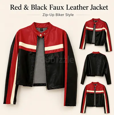 Red and Black Faux Leather Jacket - Size M🧥❤️🖤