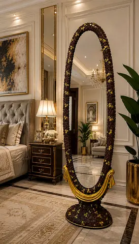 Full-Length vintage Ornate Flower-Embellished Standing Mirror with Gold Base - 2.1meters tall