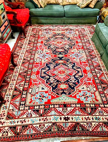 Handwoven Middle Eastern/Indian Area Rug - Rich Red Geometric Design