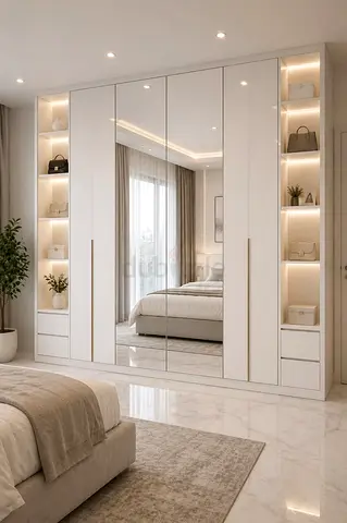 Large Modern White Mirrored Wardrobe with Open Shelves