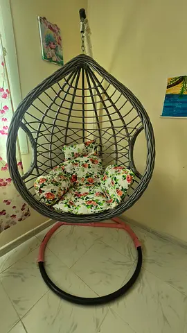 Hanging Egg/Rattan Swing Chair with Floral Cushions