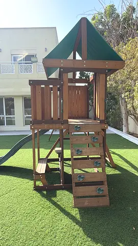 Wooden Outdoor Playset with Slide, Climbing Wall and Swing Frame